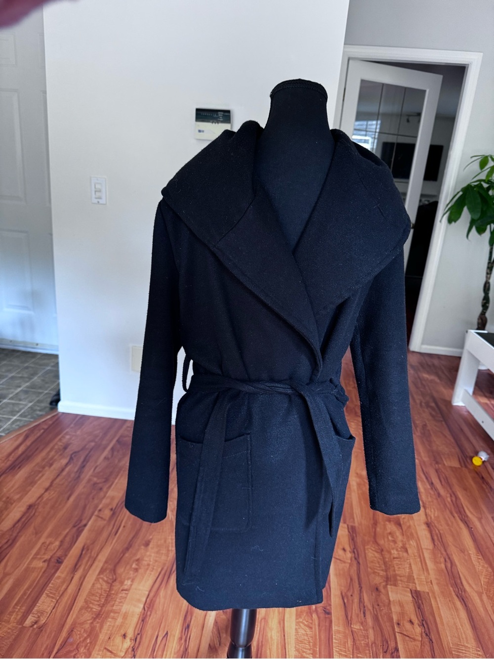 BB Dakota Black Hooded Wrap Pea Coat with Belt